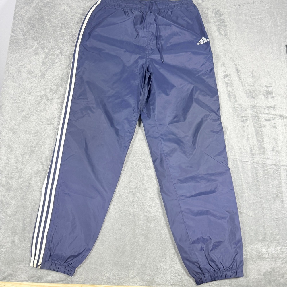 Vintage Adidas Mens Large Track Pants Navy Blue Three Stripe Nylon Windbreaker